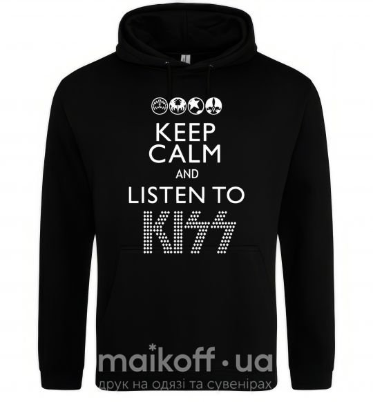 Мужская толстовка (худи) Keep calm and listen to Kiss Черный фото