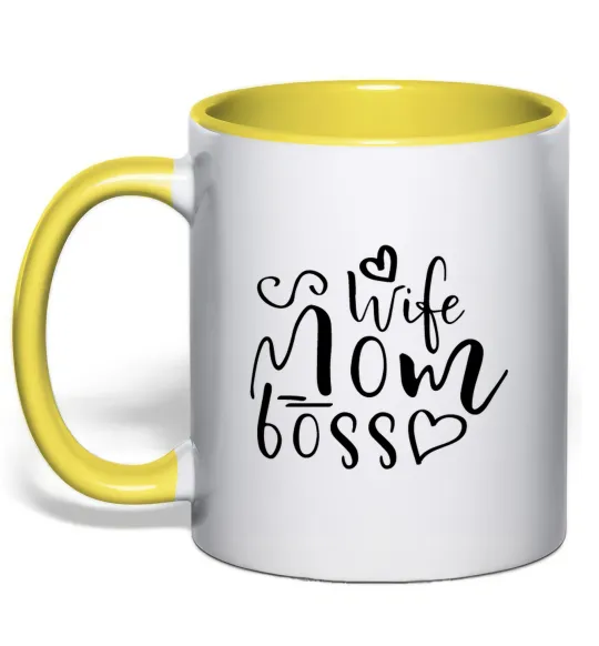 Чашка з кольоровою ручкою Mom wife boss Лимонний фото