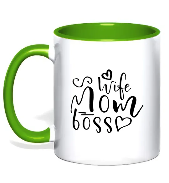 Чашка з кольоровою ручкою Mom wife boss Лаймовий фото