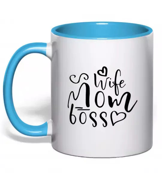 Чашка з кольоровою ручкою Mom wife boss Блакитний фото