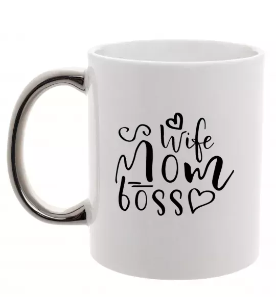 Чашка з кольоровою ручкою Mom wife boss Срібло фото