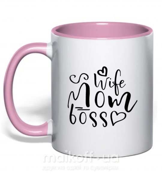 Чашка с цветной ручкой Mom wife boss Нежно розовый фото