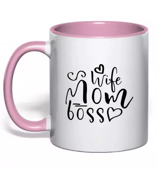 Чашка з кольоровою ручкою Mom wife boss Ніжно рожевий фото