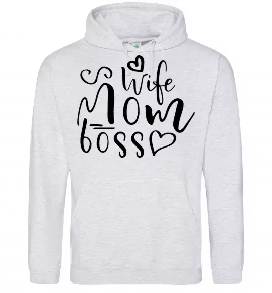 Женская толстовка (худи) Mom wife boss Серый меланж фото
