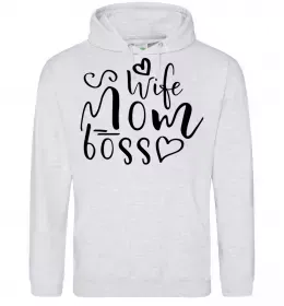 Женская толстовка (худи) Mom wife boss Серый меланж фото