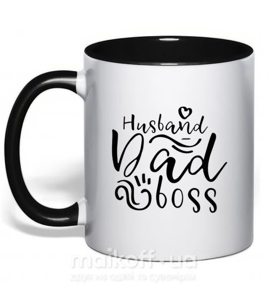 Чашка з кольоровою ручкою Husband dad boss Чорний фото
