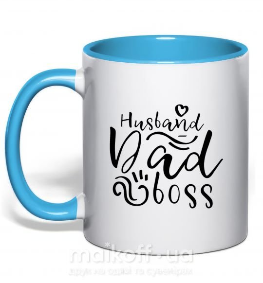 Чашка з кольоровою ручкою Husband dad boss Блакитний фото