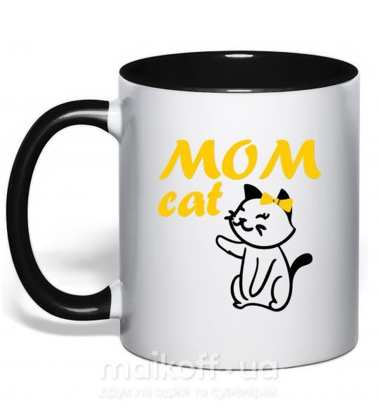 Чашка з кольоровою ручкою Mom cat Чорний фото