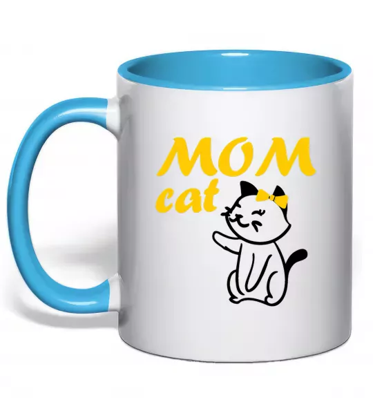 Чашка с цветной ручкой Mom cat Голубой фото