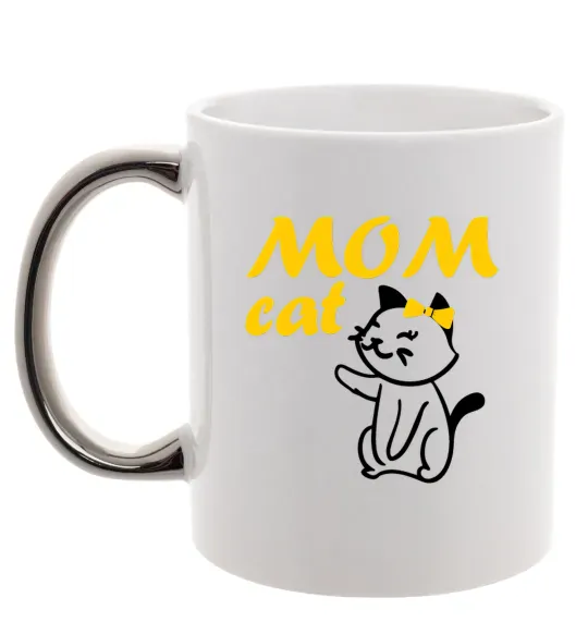 Чашка с цветной ручкой Mom cat Серебро фото