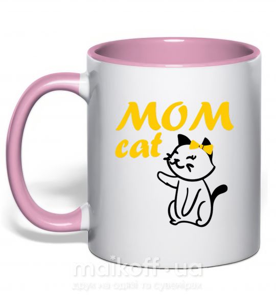 Чашка з кольоровою ручкою Mom cat Ніжно рожевий фото