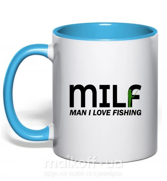 Чашка з кольоровою ручкою Man i love fishing Блакитний фото
