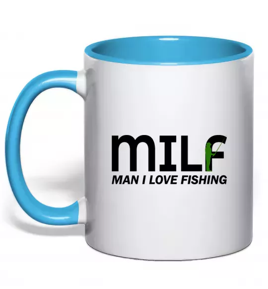 Чашка з кольоровою ручкою Man i love fishing Блакитний фото
