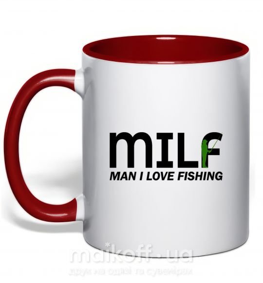 Чашка с цветной ручкой Man i love fishing Красный фото