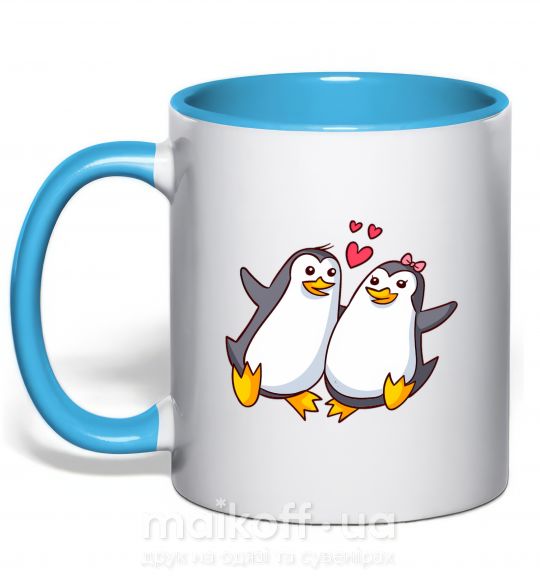 Чашка с цветной ручкой Пара пингвинов Голубой фото