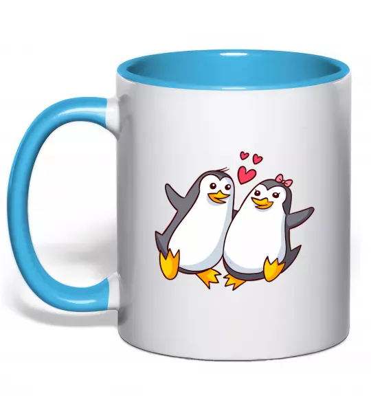 Чашка з кольоровою ручкою Пара пингвинов Блакитний фото
