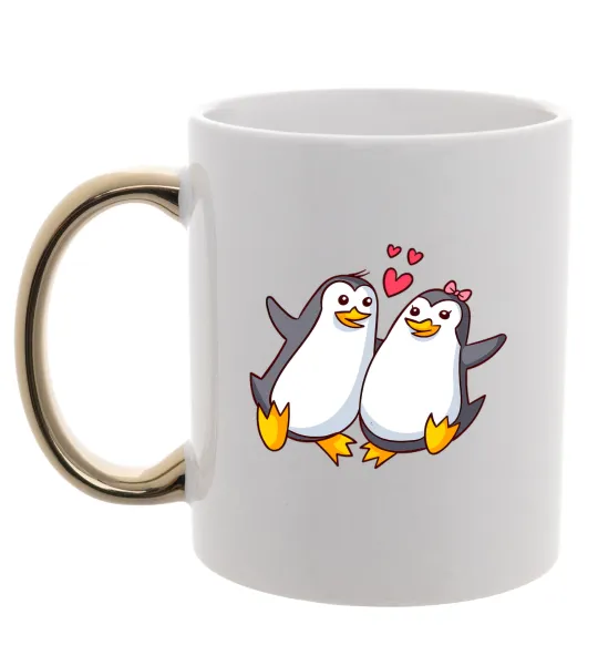 Чашка з кольоровою ручкою Пара пингвинов Золото фото