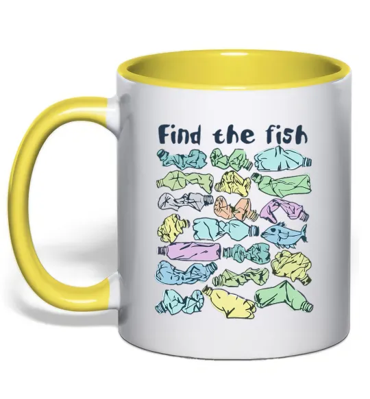 Чашка з кольоровою ручкою Find the fish Лимонний фото