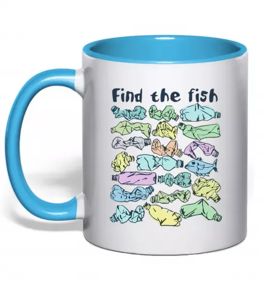 Чашка с цветной ручкой Find the fish Голубой фото