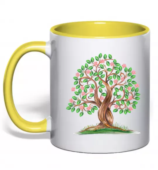 Чашка з кольоровою ручкою Green tree with flowers Сонячно жовтий фото