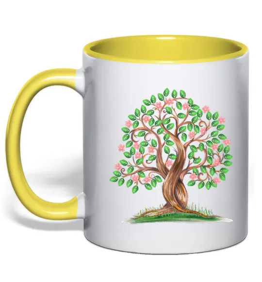 Чашка с цветной ручкой Green tree with flowers Лимонный фото