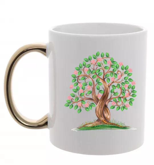 Чашка з кольоровою ручкою Green tree with flowers Золото фото