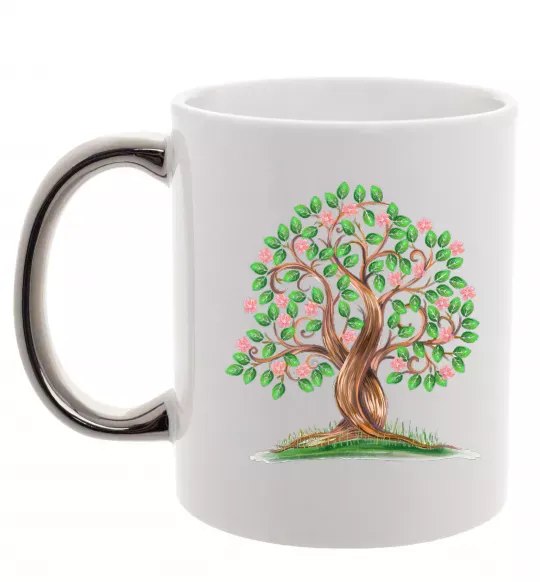 Чашка з кольоровою ручкою Green tree with flowers Срібло фото