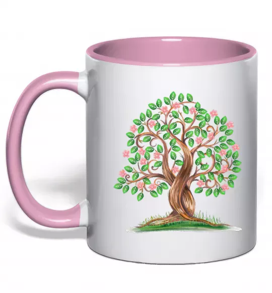 Чашка з кольоровою ручкою Green tree with flowers Ніжно рожевий фото