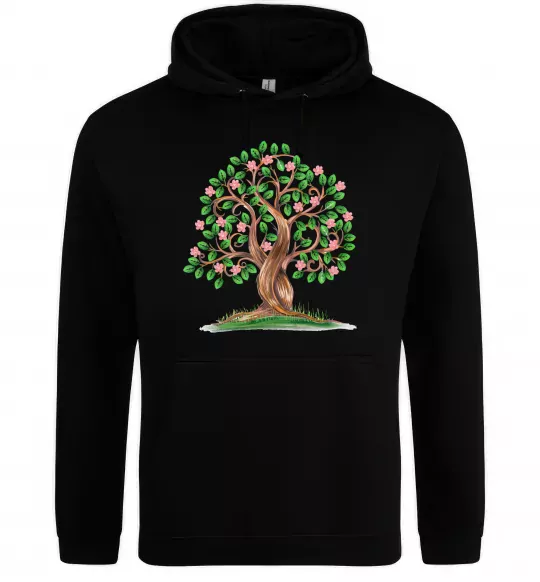 Мужская толстовка (худи) Green tree with flowers Черный фото