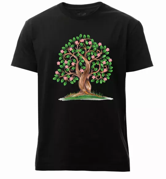 Чоловіча преміум футболка Green tree with flowers Чорний фото