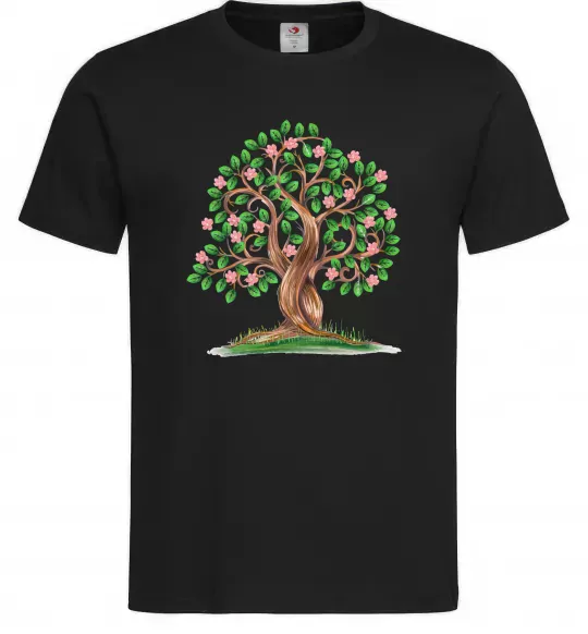 Мужская футболка Green tree with flowers Черный фото