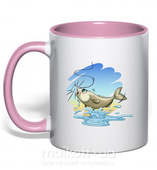 Чашка с цветной ручкой Рыбалка на крючке Нежно розовый фото