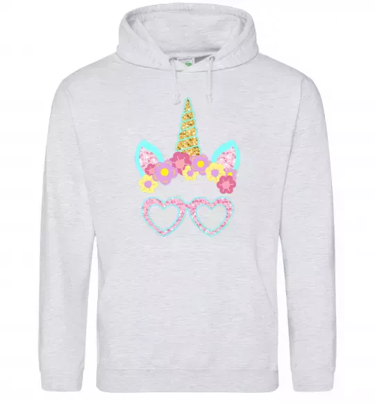 Мужская толстовка (худи) Unicorn in glasses Серый меланж фото