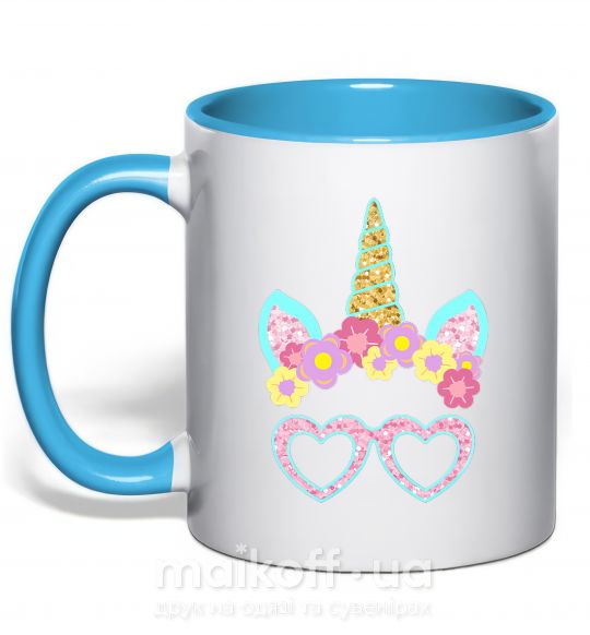 Чашка з кольоровою ручкою Unicorn in glasses Блакитний фото