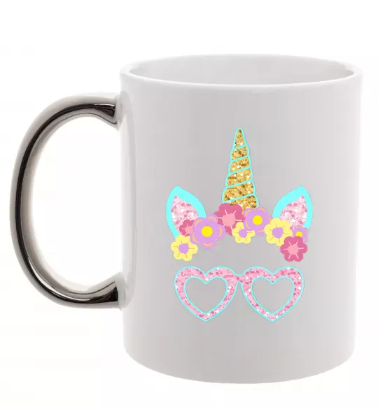 Чашка з кольоровою ручкою Unicorn in glasses Срібло фото