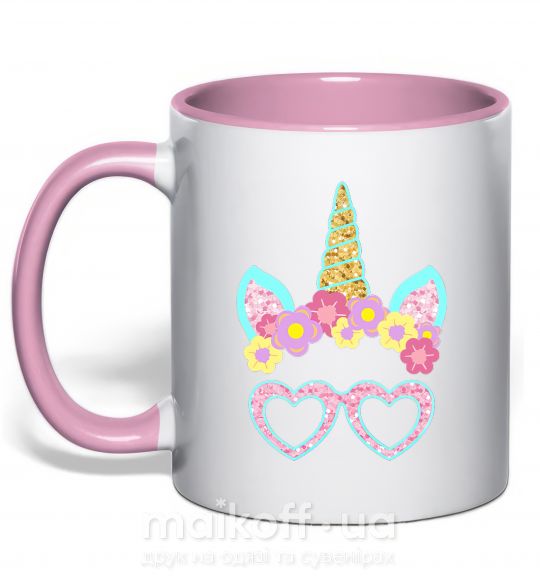 Чашка з кольоровою ручкою Unicorn in glasses Ніжно рожевий фото