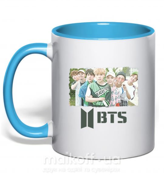 Чашка з кольоровою ручкою BTS photo and logo Блакитний фото