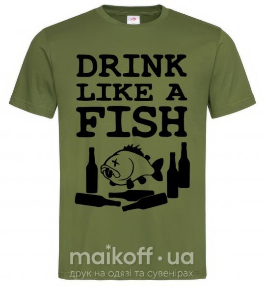 Мужская футболка Drink like a fish black Оливковый фото