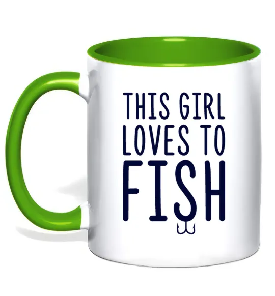 Чашка с цветной ручкой This girl loves to fish Лаймовый фото