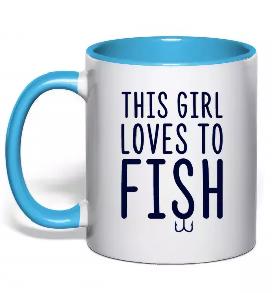 Чашка с цветной ручкой This girl loves to fish Голубой фото