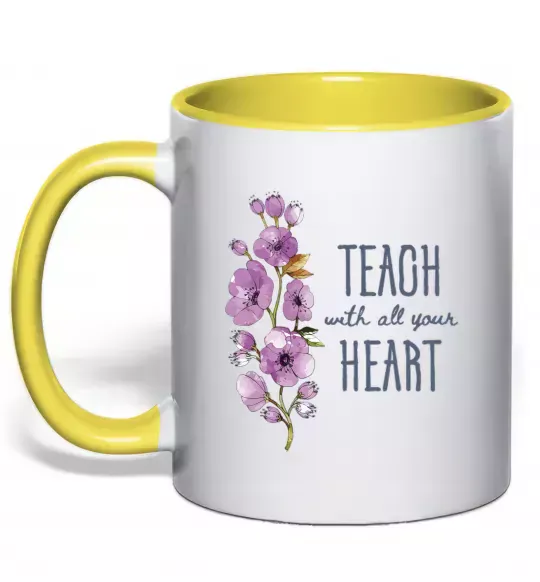 Чашка з кольоровою ручкою Teach with all your heart Сонячно жовтий фото