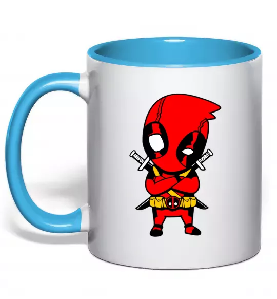 Чашка с цветной ручкой Дедпул з мечами Голубой фото