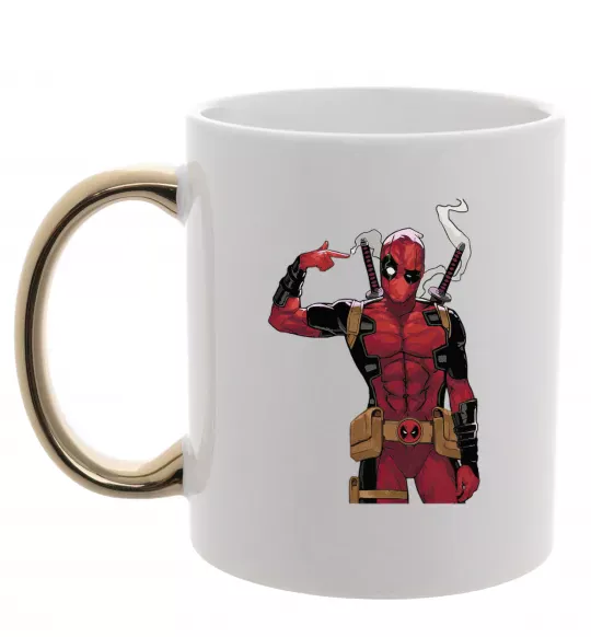 Чашка с цветной ручкой Дедпул рука Золото фото