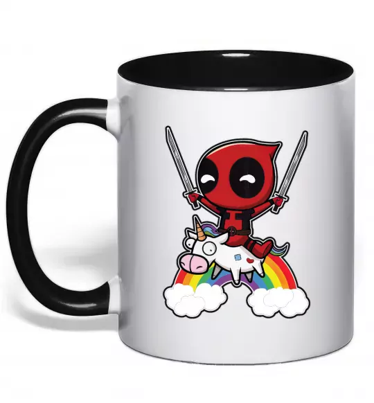 Чашка з кольоровою ручкою Дедпул на веселці Чорний фото