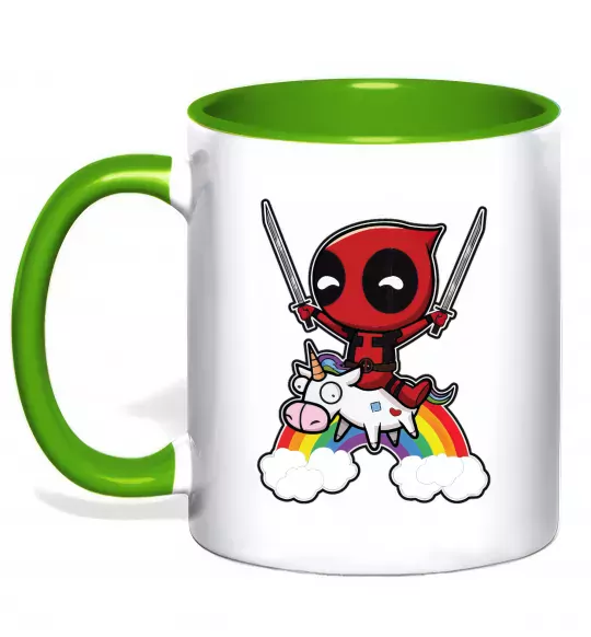 Чашка з кольоровою ручкою Дедпул на веселці Зелений фото