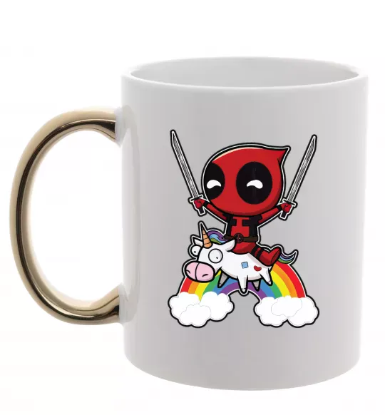 Чашка з кольоровою ручкою Дедпул на веселці Золото фото