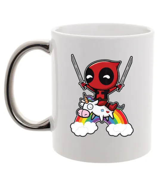 Чашка з кольоровою ручкою Дедпул на веселці Срібло фото