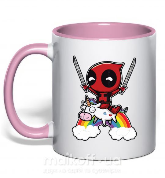 Чашка с цветной ручкой Дэдпул на радуге Нежно розовый фото