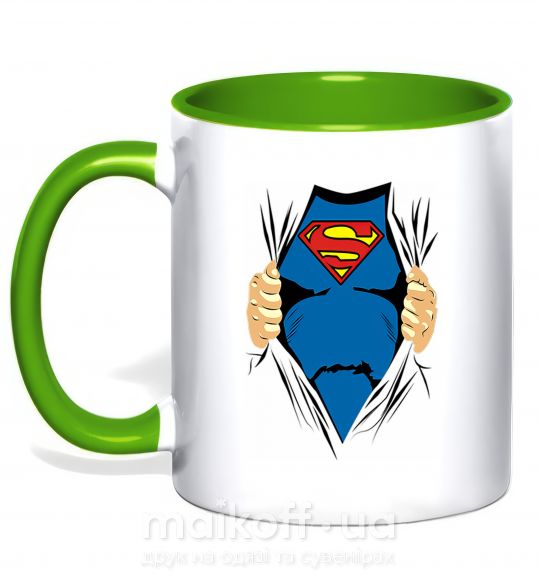 Чашка з кольоровою ручкою Супермен рубашка Зелений фото