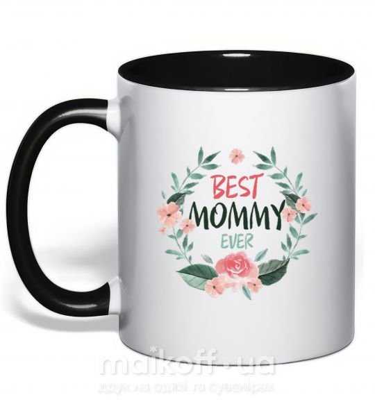 Чашка с цветной ручкой Best mommy ever flowers Черный фото